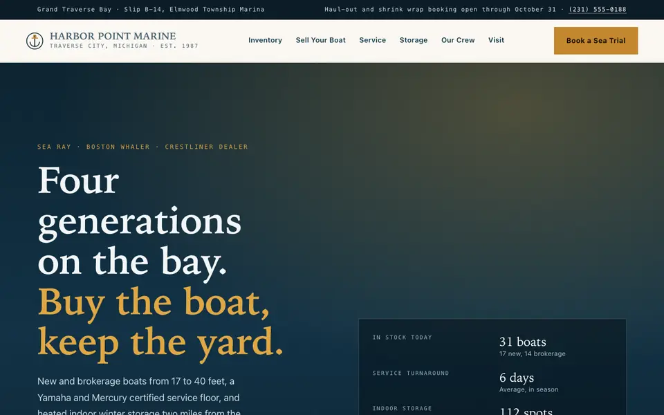 Example website for boat dealers & marine built with We.Inc: the Harbor Point Marine home page