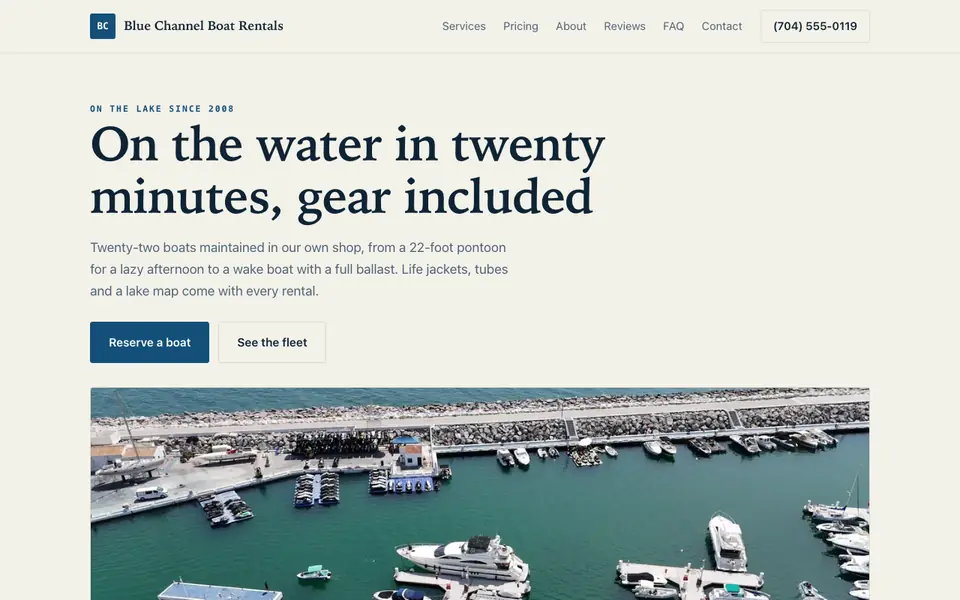 Example website for boat rental companies built with We.Inc: the Blue Channel Boat Rentals home page