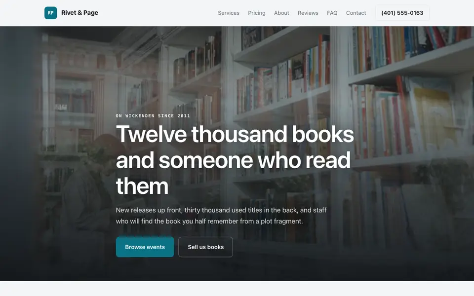 Example website for bookstores built with We.Inc: the Rivet & Page home page