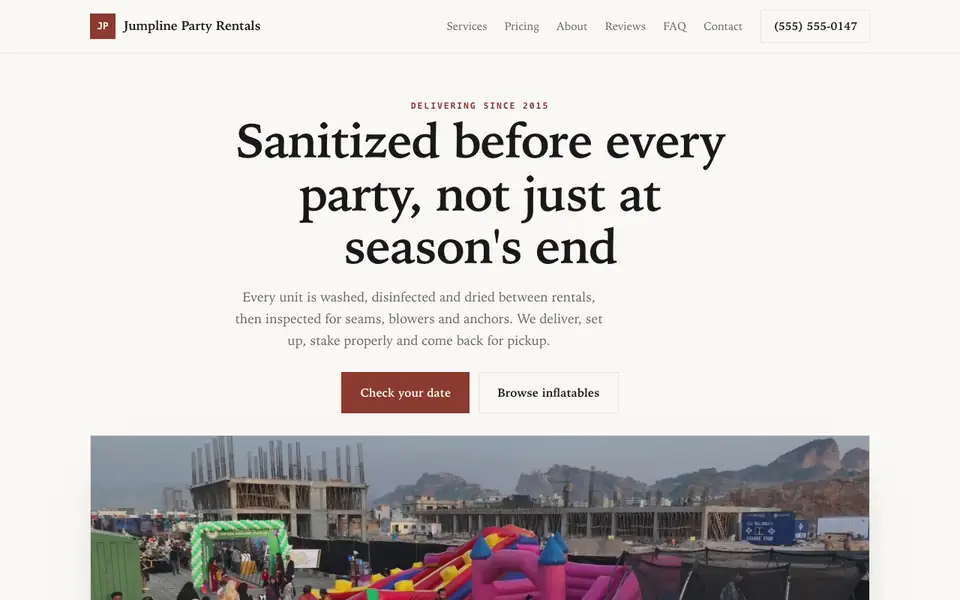 Example website for bounce house rentals built with We.Inc: the Jumpline Party Rentals home page