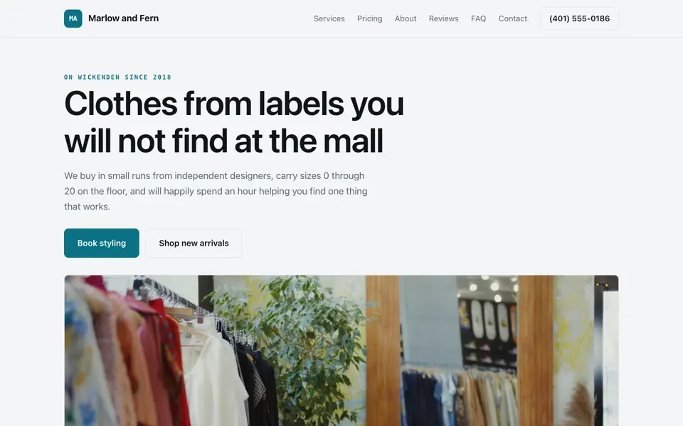 Example website for boutiques built with We.Inc: the Marlow and Fern home page