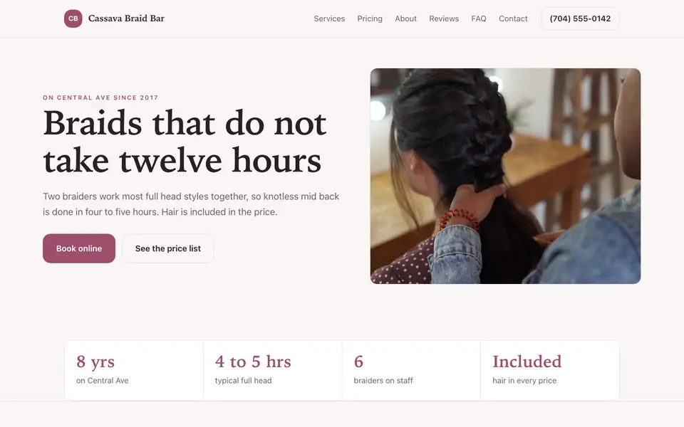 Example website for braiding salons built with We.Inc: the Cassava Braid Bar home page