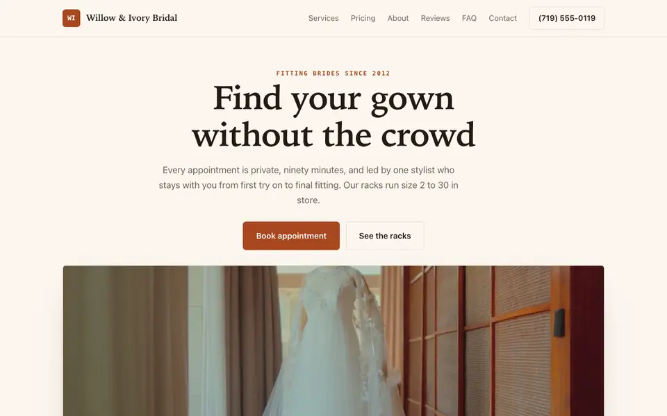 Example website for bridal shop websites built with We.Inc: the Willow & Ivory Bridal home page