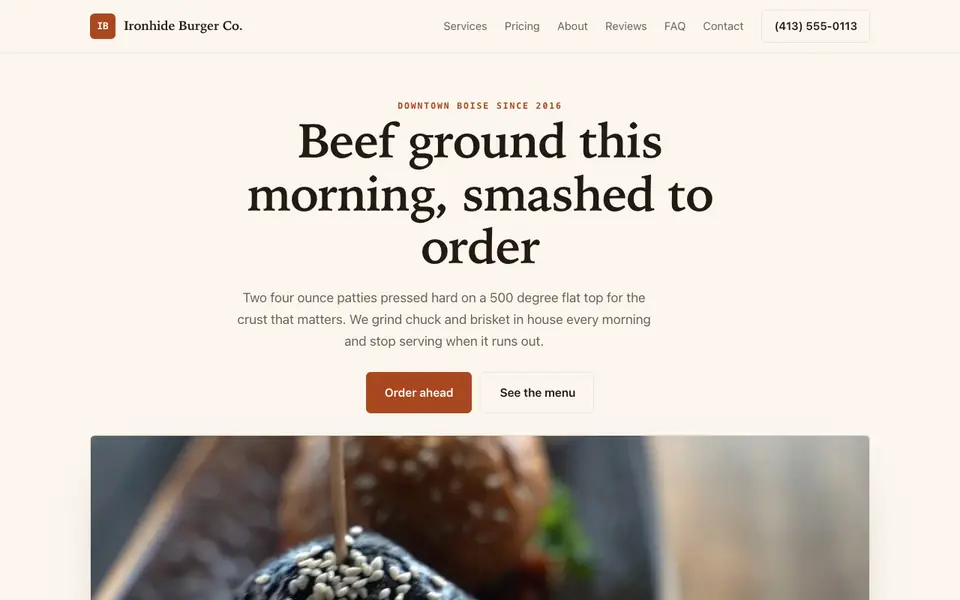 Example website for burger restaurants built with We.Inc: the Ironhide Burger Co. home page