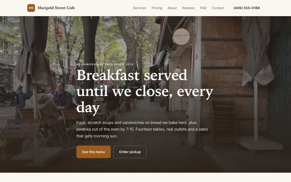 Example website for cafes built with We.Inc: the Marigold Street Cafe home page