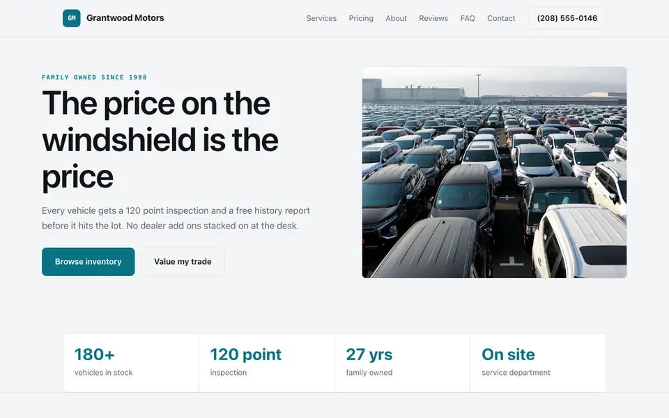 Example website for car dealership websites built with We.Inc: the Grantwood Motors home page
