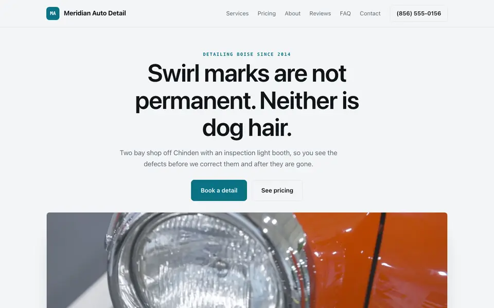 Example website for car detailing services built with We.Inc: the Meridian Auto Detail home page