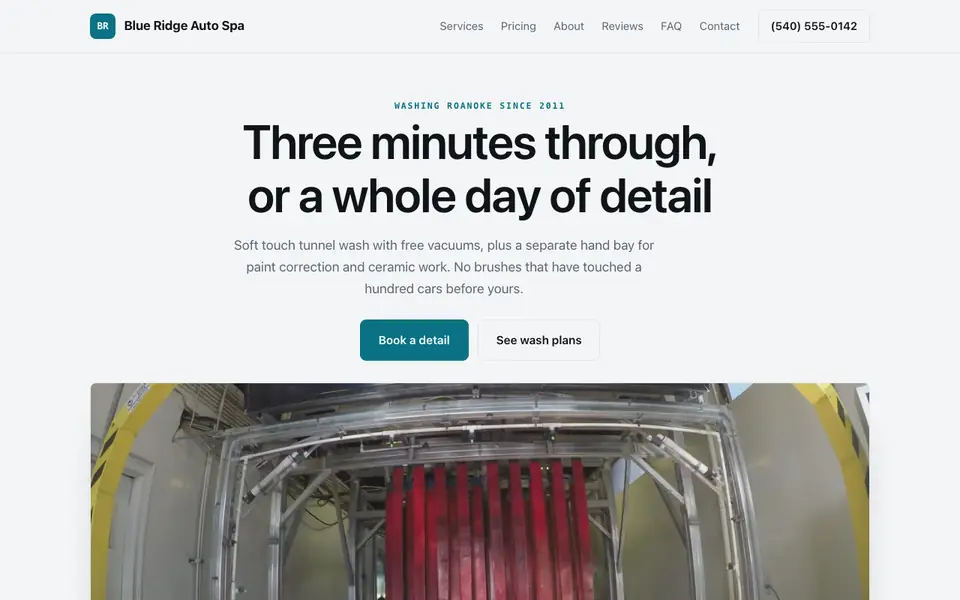 Example website for car wash businesses built with We.Inc: the Blue Ridge Auto Spa home page