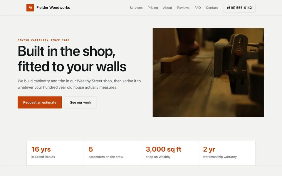 Example website for carpentry companies built with We.Inc: the Fielder Woodworks home page
