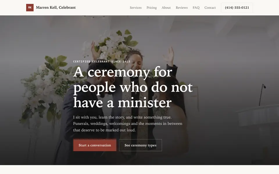 Example website for celebrants built with We.Inc: the Marren Kell, Celebrant home page
