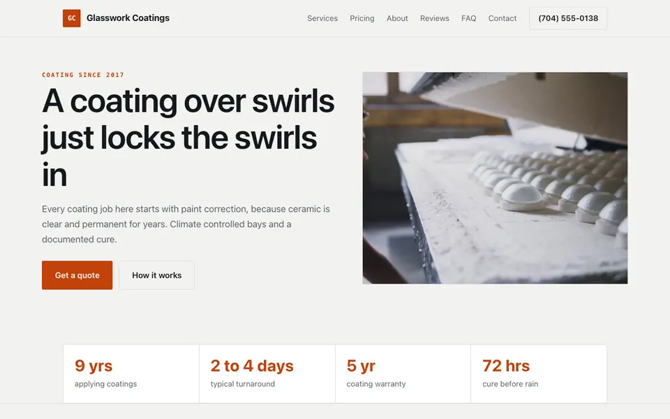 Example website for ceramic coating services built with We.Inc: the Glasswork Coatings home page
