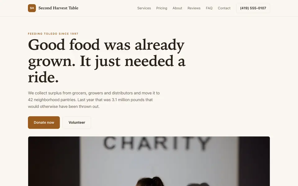 Example website for charity websites built with We.Inc: the Second Harvest Table home page