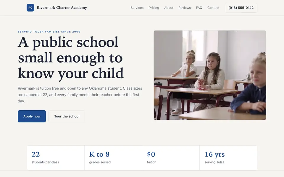 Example website for charter schools built with We.Inc: the Rivermark Charter Academy home page