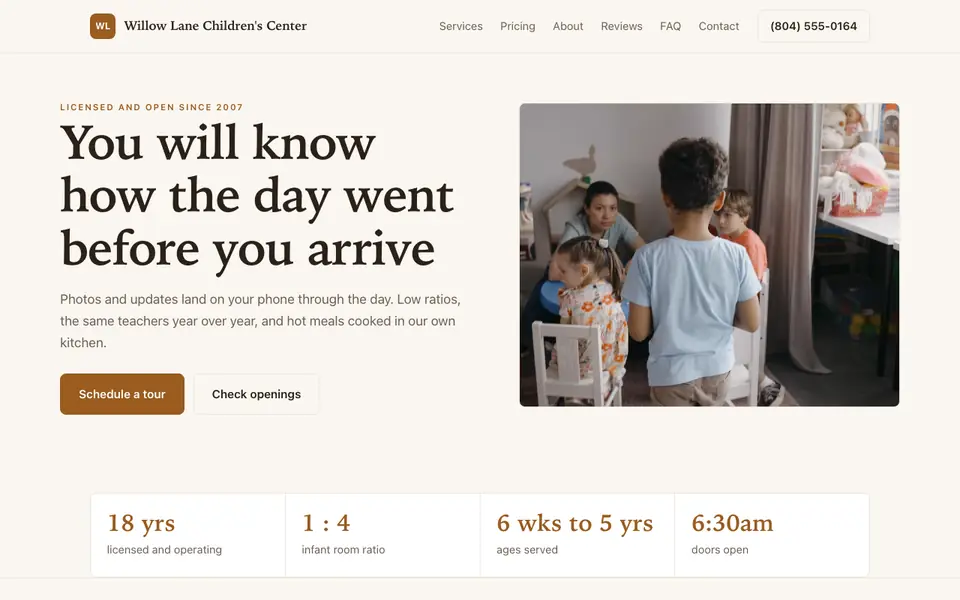 Example website for childcare centers built with We.Inc: the Willow Lane Children's Center home page