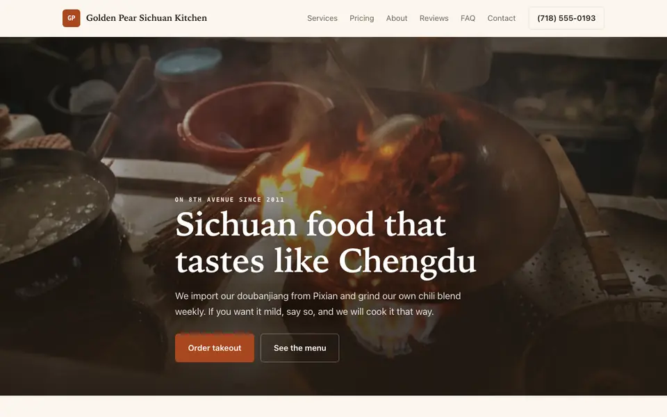 Example website for chinese restaurants built with We.Inc: the Golden Pear Sichuan Kitchen home page