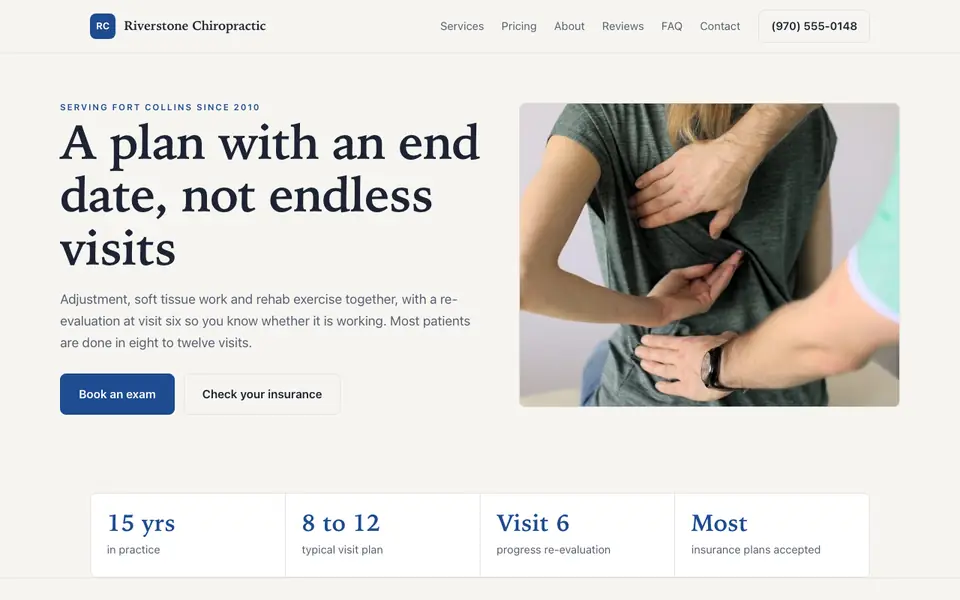 Example website for chiropractors built with We.Inc: the Riverstone Chiropractic home page