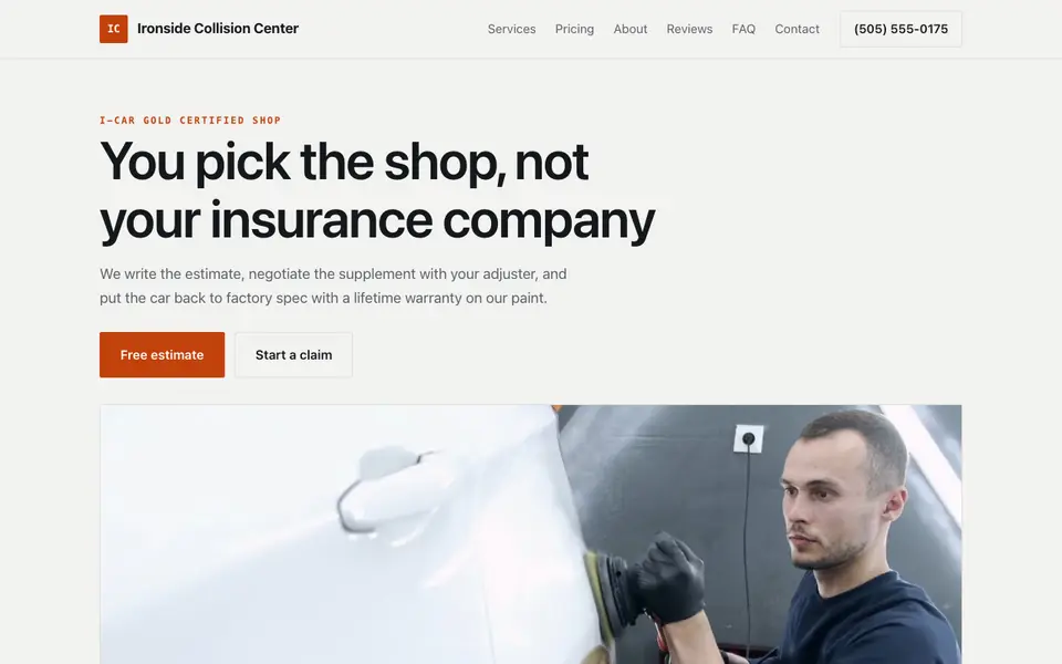 Example website for collision repair centers built with We.Inc: the Ironside Collision Center home page