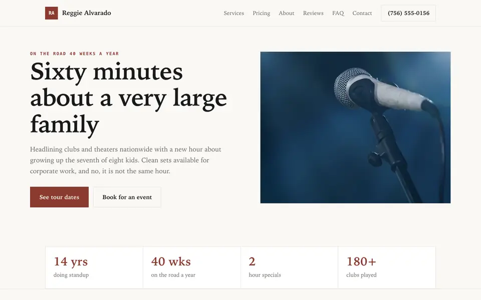 Example website for comedians & performers built with We.Inc: the Reggie Alvarado home page