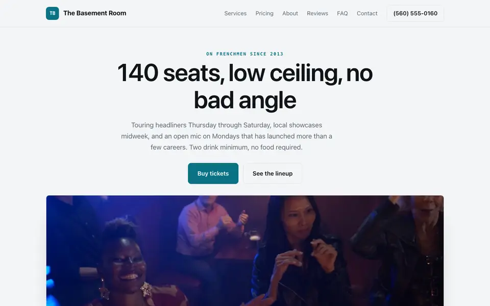 Example website for comedy clubs built with We.Inc: the The Basement Room home page