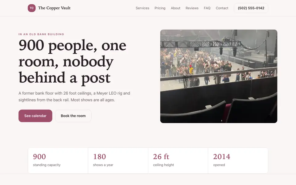 Example website for concert venues built with We.Inc: the The Copper Vault home page