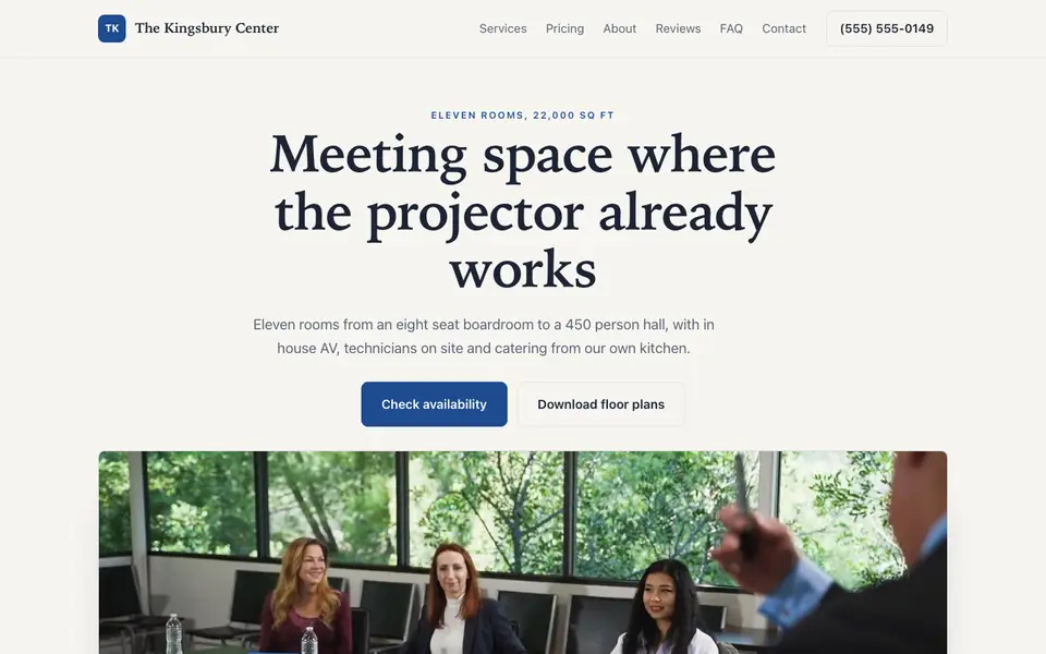 Example website for conference centers built with We.Inc: the The Kingsbury Center home page