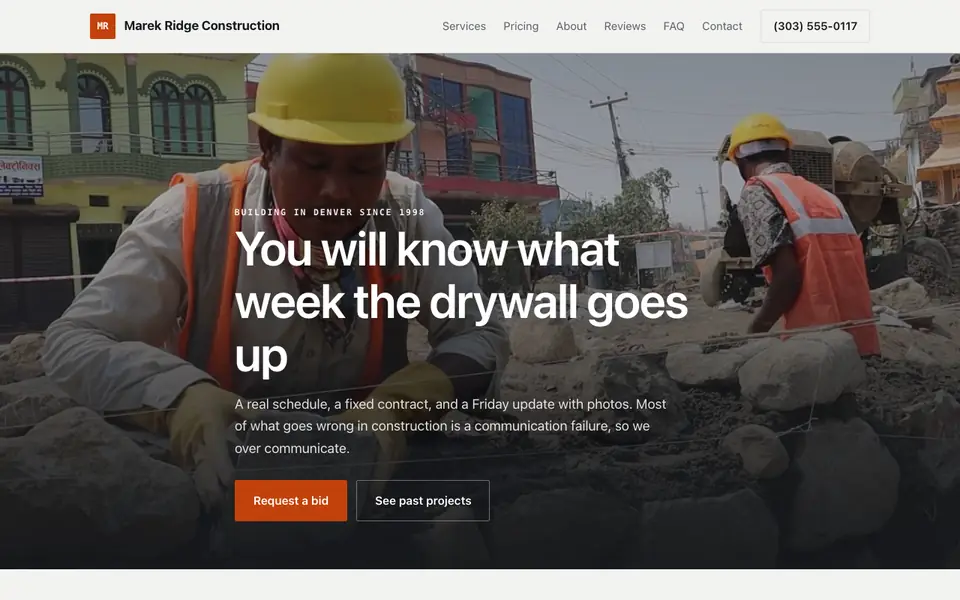 Example website for construction company websites built with We.Inc: the Marek Ridge Construction home page