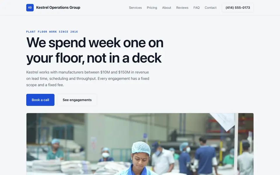 Example website for consultants built with We.Inc: the Kestrel Operations Group home page
