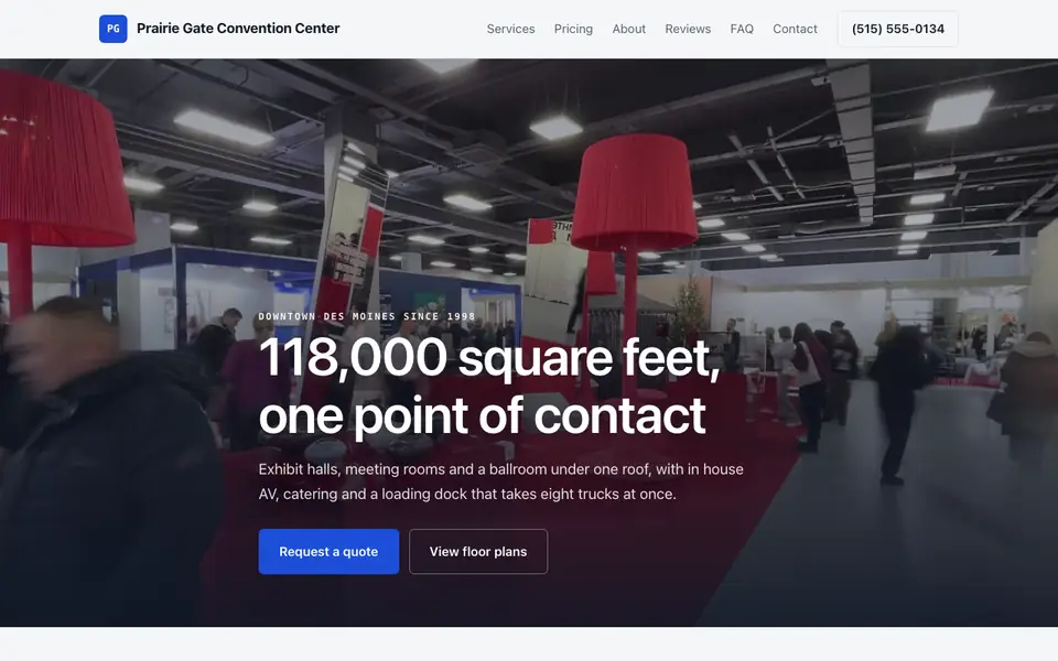Example website for convention centers built with We.Inc: the Prairie Gate Convention Center home page