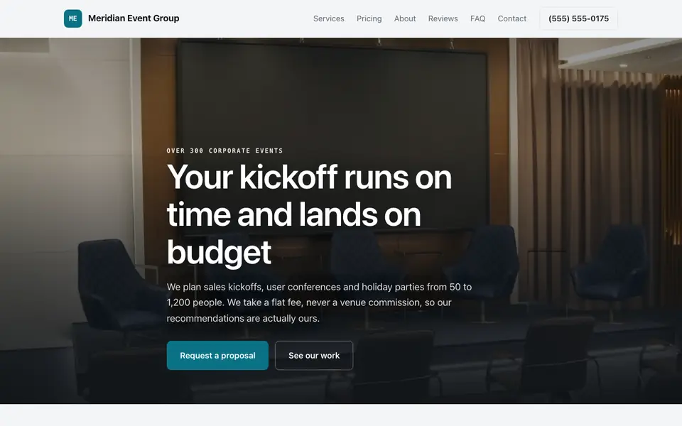 Example website for corporate event planners built with We.Inc: the Meridian Event Group home page