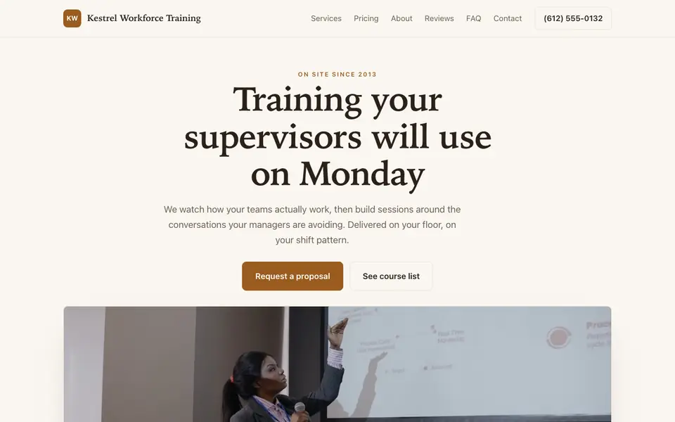 Example website for corporate training companies built with We.Inc: the Kestrel Workforce Training home page