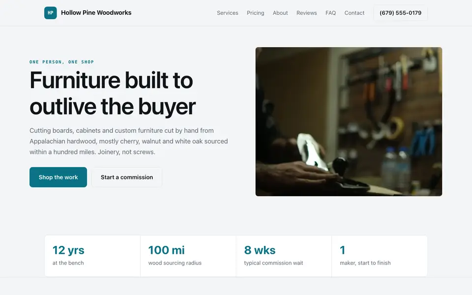 Example website for crafters & makers built with We.Inc: the Hollow Pine Woodworks home page