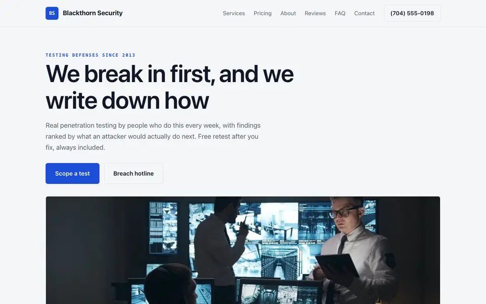 Example website for cybersecurity firms built with We.Inc: the Blackthorn Security home page
