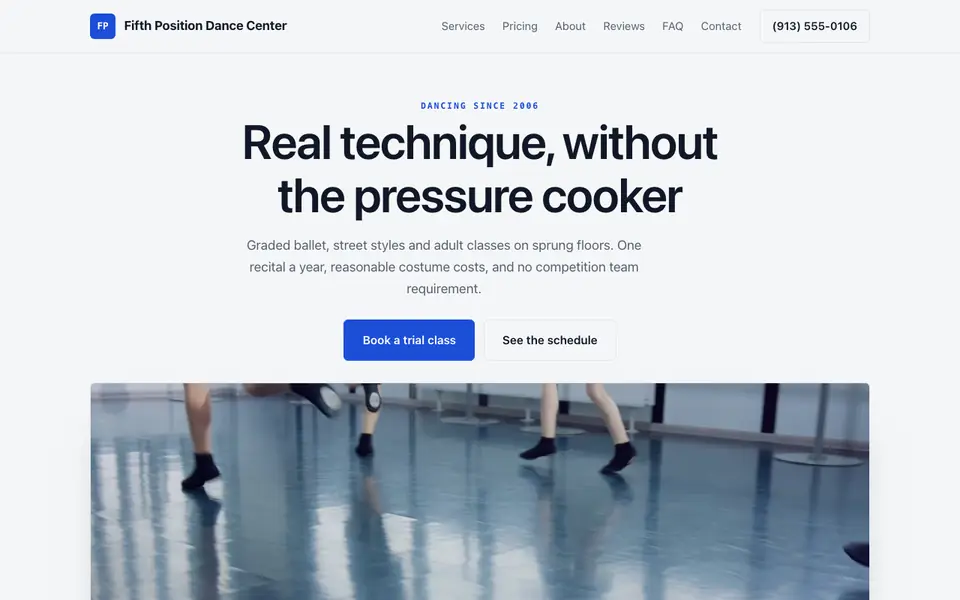 Example website for dance studios built with We.Inc: the Fifth Position Dance Center home page
