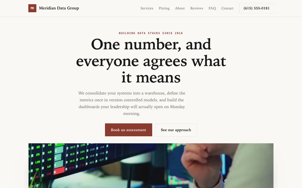 Example website for data analytics firms built with We.Inc: the Meridian Data Group home page