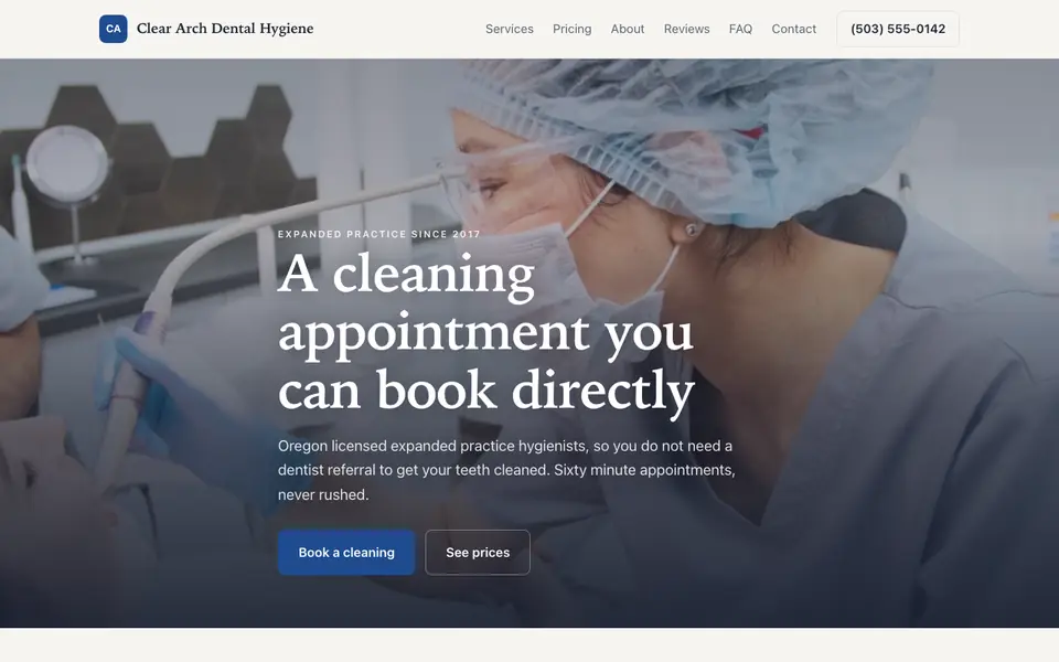 Example website for dental hygienists built with We.Inc: the Clear Arch Dental Hygiene home page