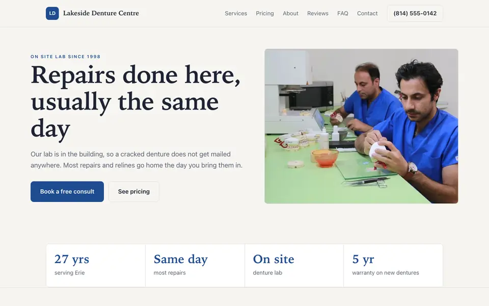 Example website for denture clinics built with We.Inc: the Lakeside Denture Centre home page