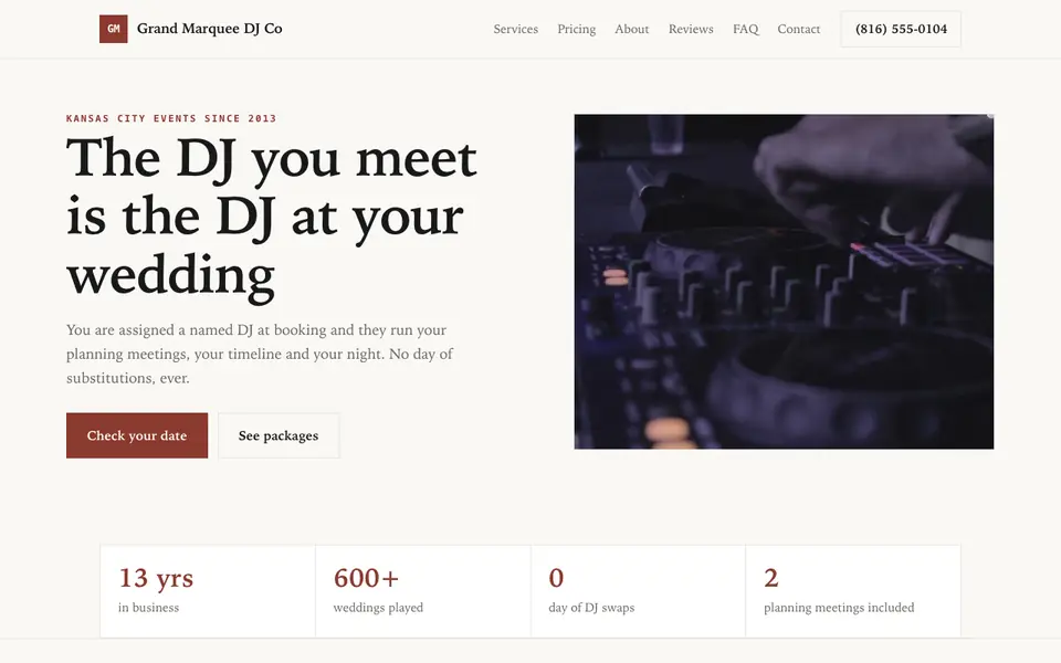Example website for djs built with We.Inc: the Grand Marquee DJ Co home page