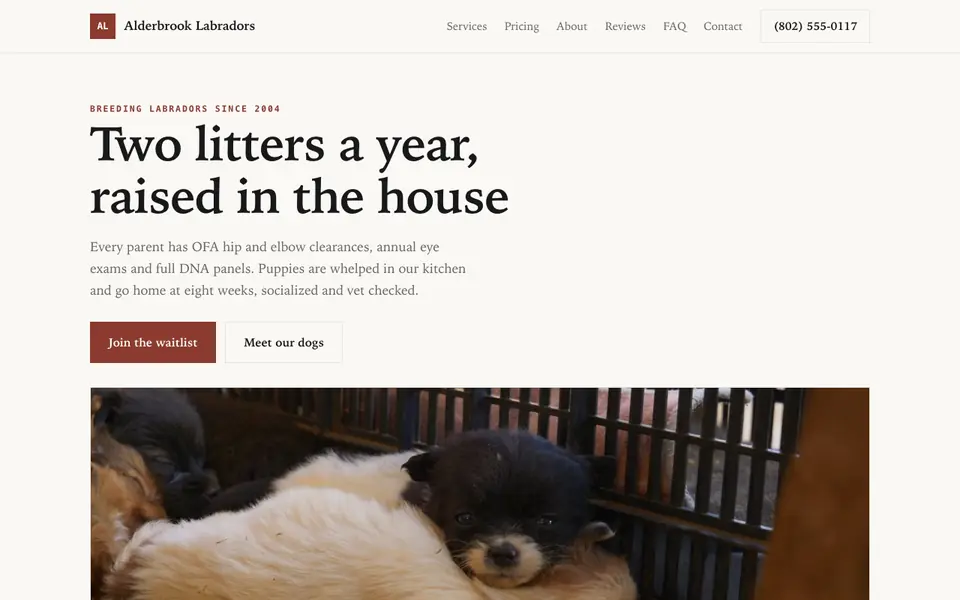 Example website for dog breeder websites built with We.Inc: the Alderbrook Labradors home page