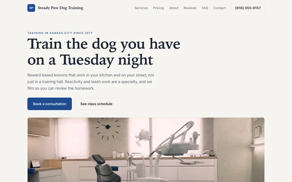 Example website for dog trainer websites built with We.Inc: the Steady Paw Dog Training home page