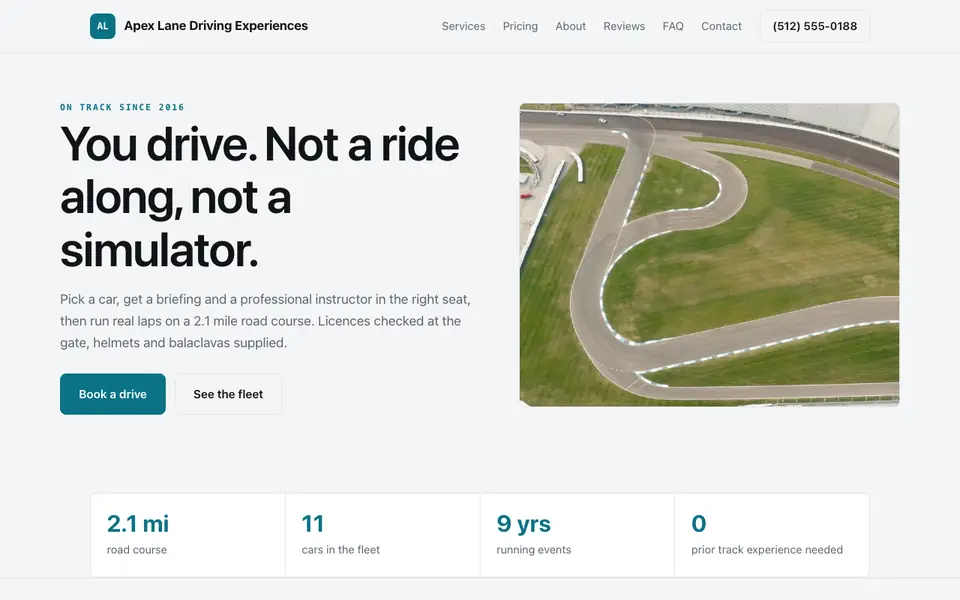 Example website for driving experience companies built with We.Inc: the Apex Lane Driving Experiences home page
