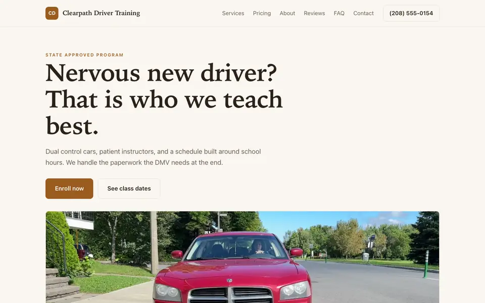 Example website for driving schools built with We.Inc: the Clearpath Driver Training home page