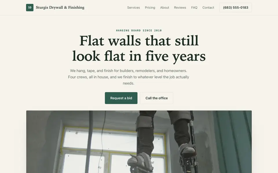 Example website for drywall contractors built with We.Inc: the Sturgis Drywall & Finishing home page