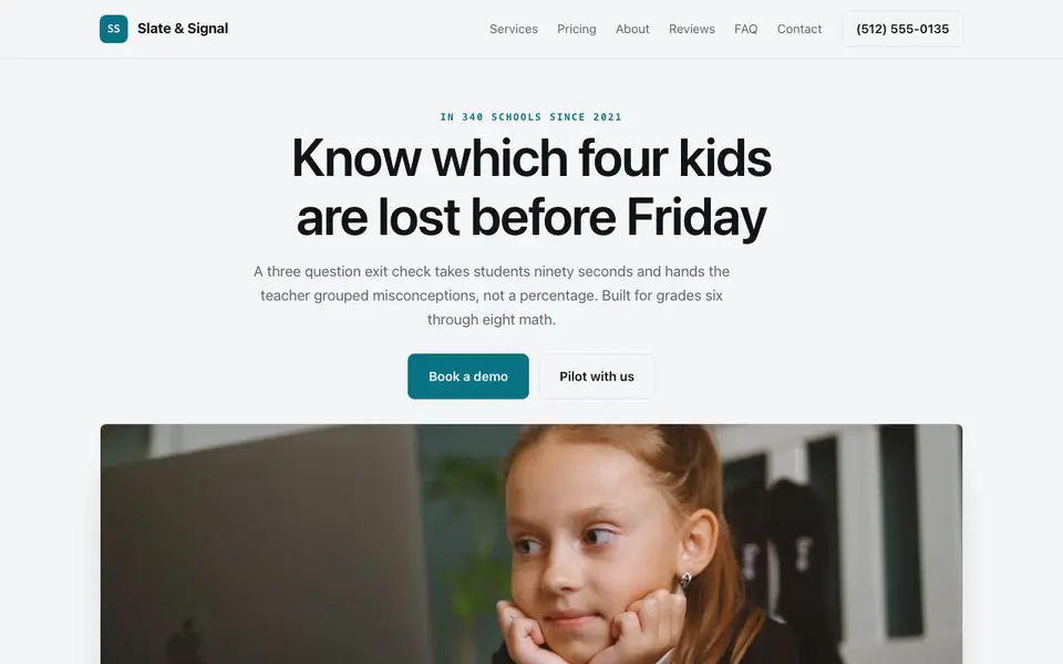 Example website for edtech startups built with We.Inc: the Slate & Signal home page