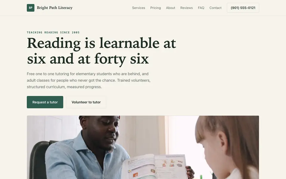 Example website for education nonprofits built with We.Inc: the Bright Path Literacy home page