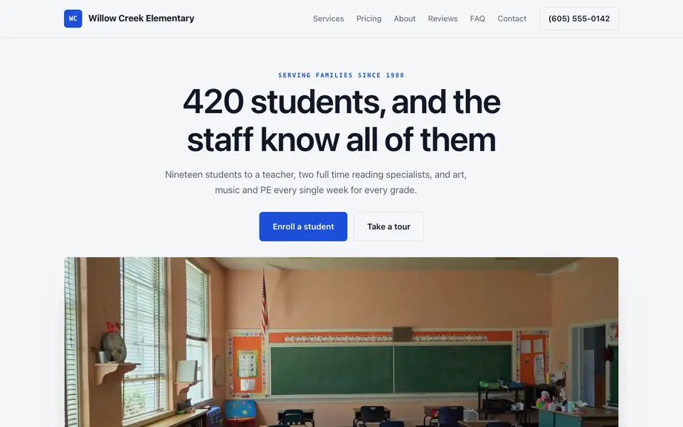 Example website for elementary schools built with We.Inc: the Willow Creek Elementary home page