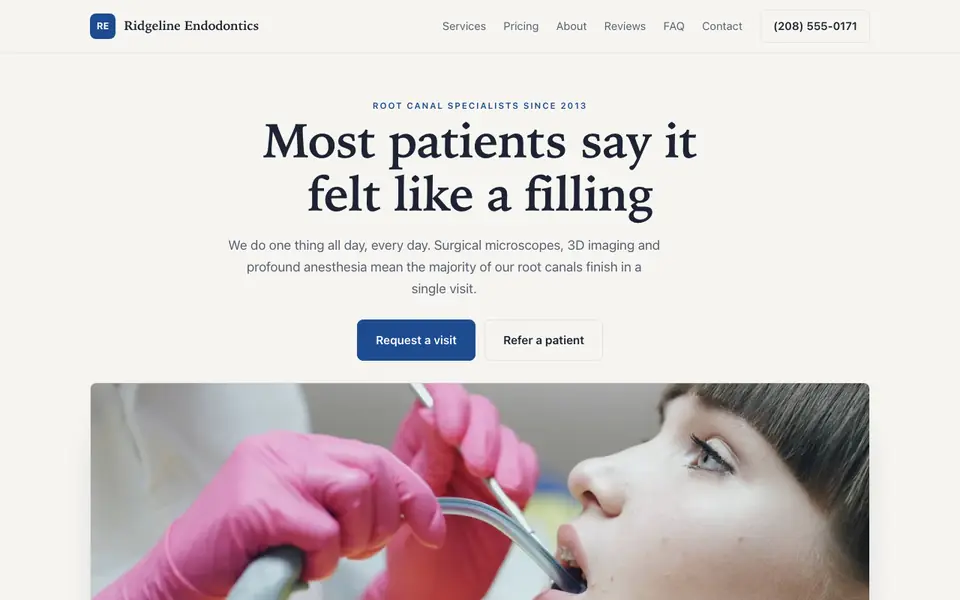 Example website for endodontists built with We.Inc: the Ridgeline Endodontics home page