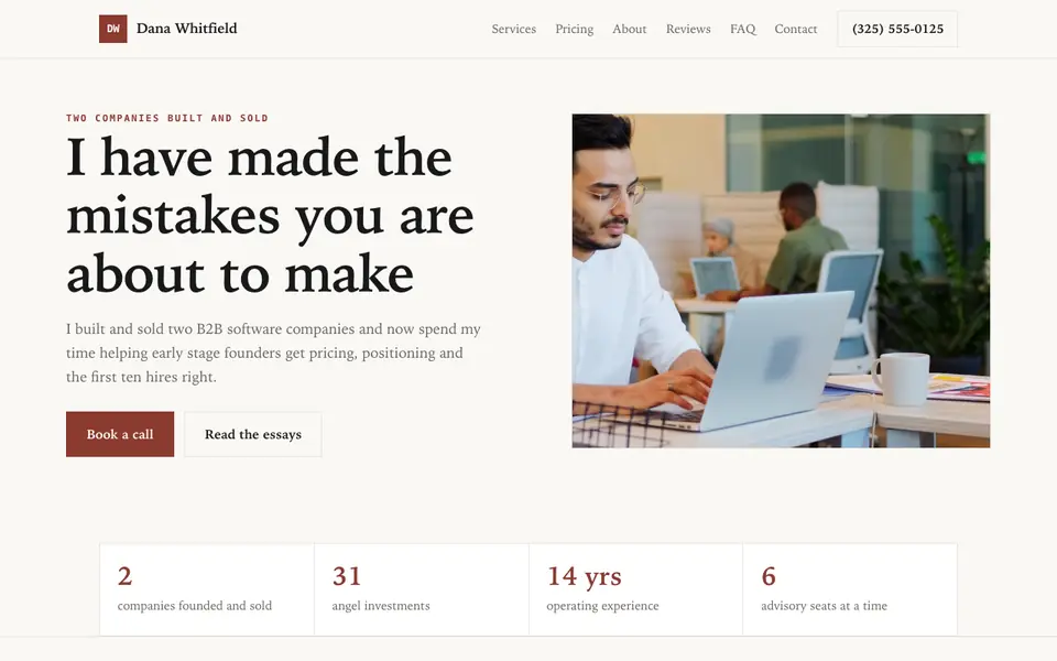 Example website for entrepreneurs built with We.Inc: the Dana Whitfield home page
