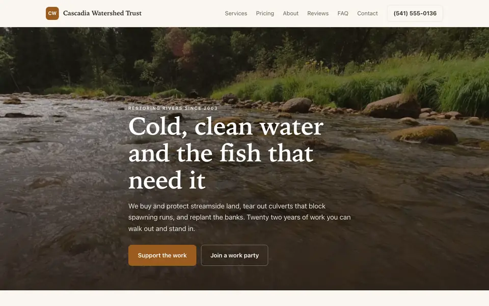 Example website for environmental nonprofits built with We.Inc: the Cascadia Watershed Trust home page