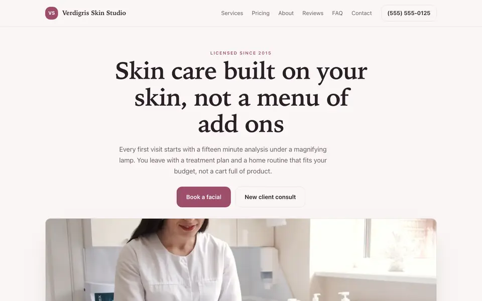 Example website for esthetician websites built with We.Inc: the Verdigris Skin Studio home page