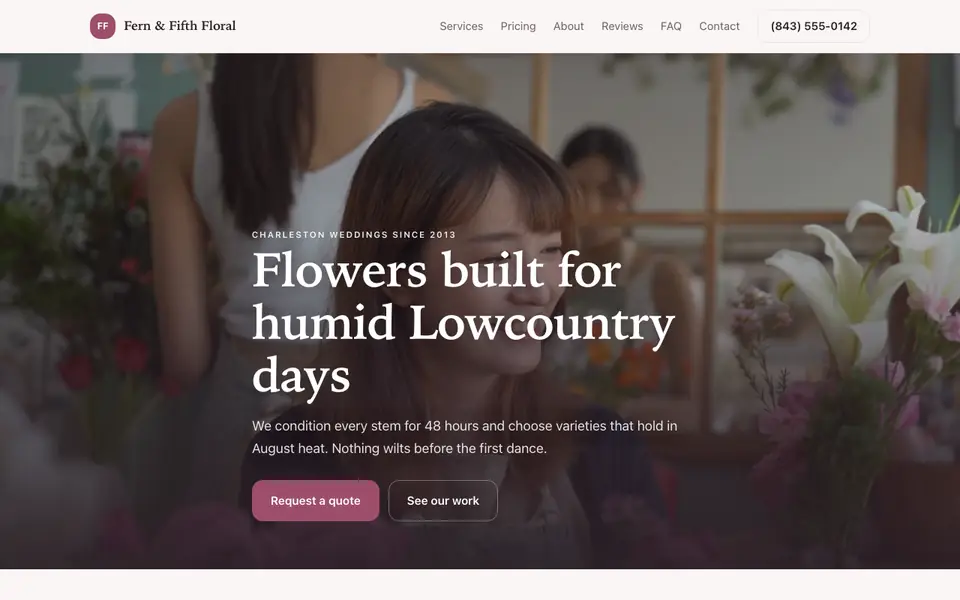 Example website for event florists built with We.Inc: the Fern & Fifth Floral home page